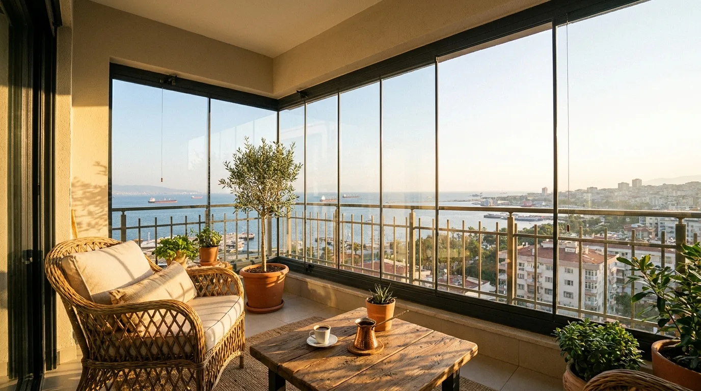 Modern cam balkon kapatma — manzaralı oturma alanı, frameless cam