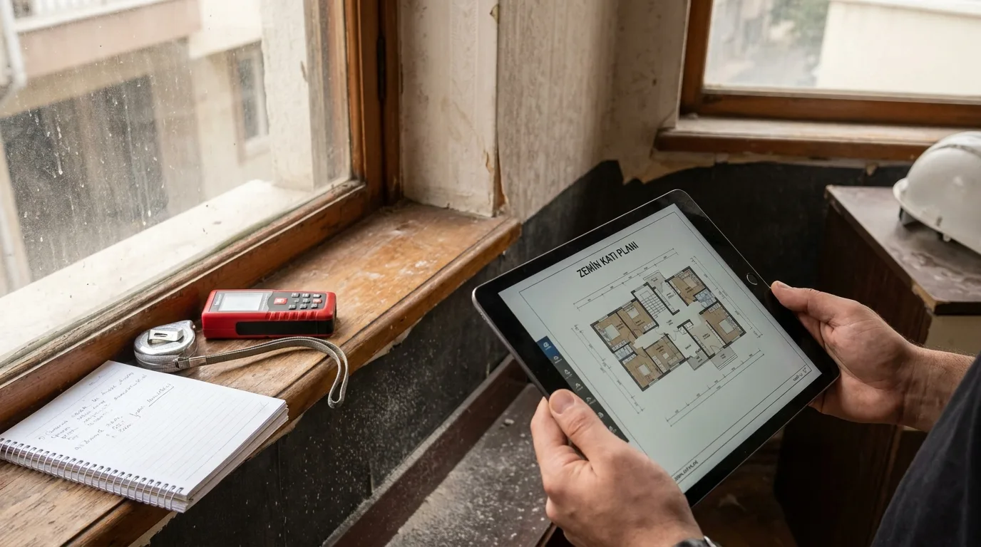 Evde keşif ziyareti — tablet ile plan, lazer metre ve not defteri